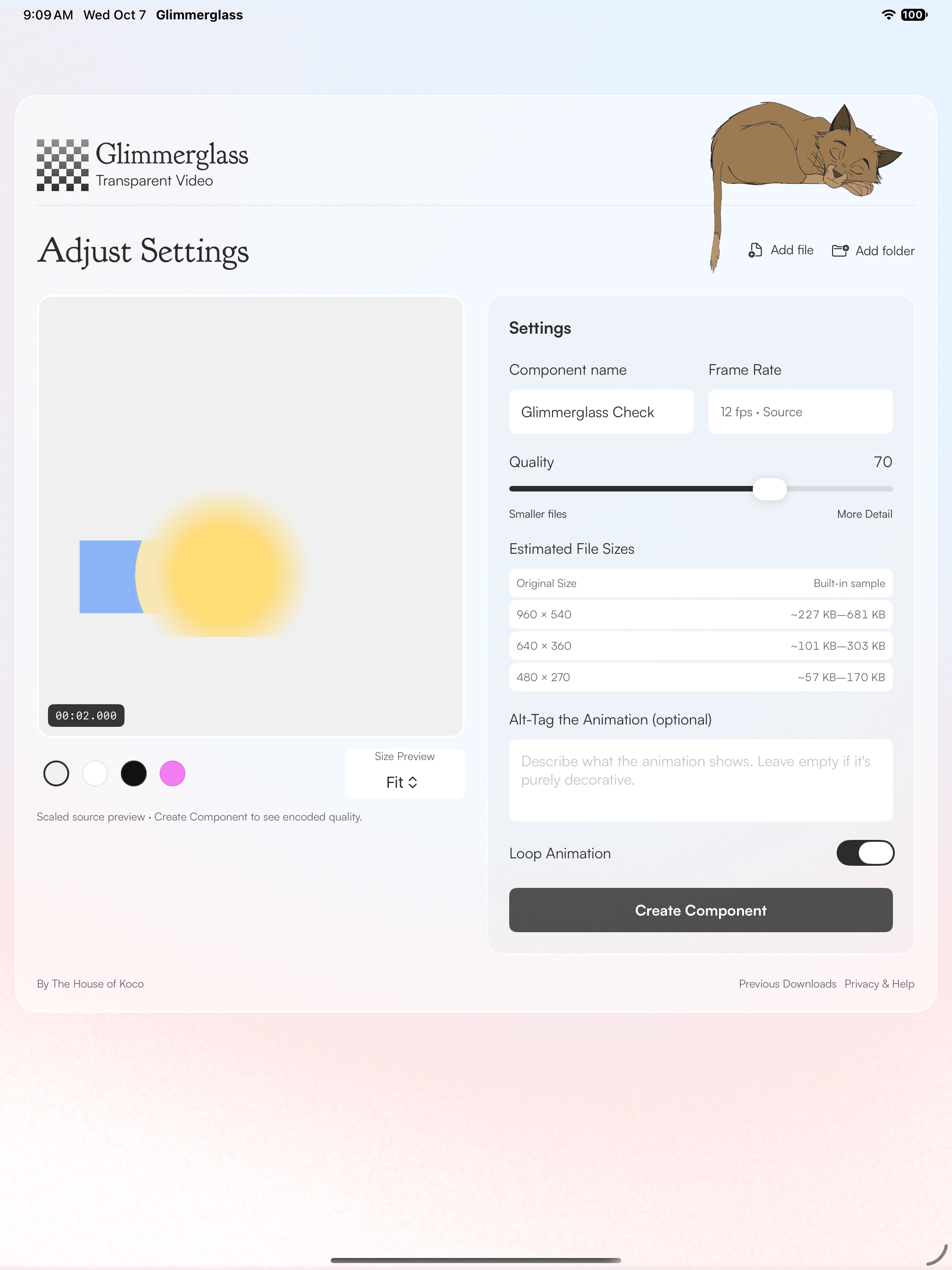 Glimmerglass on iPad, showing the animation preview beside component settings